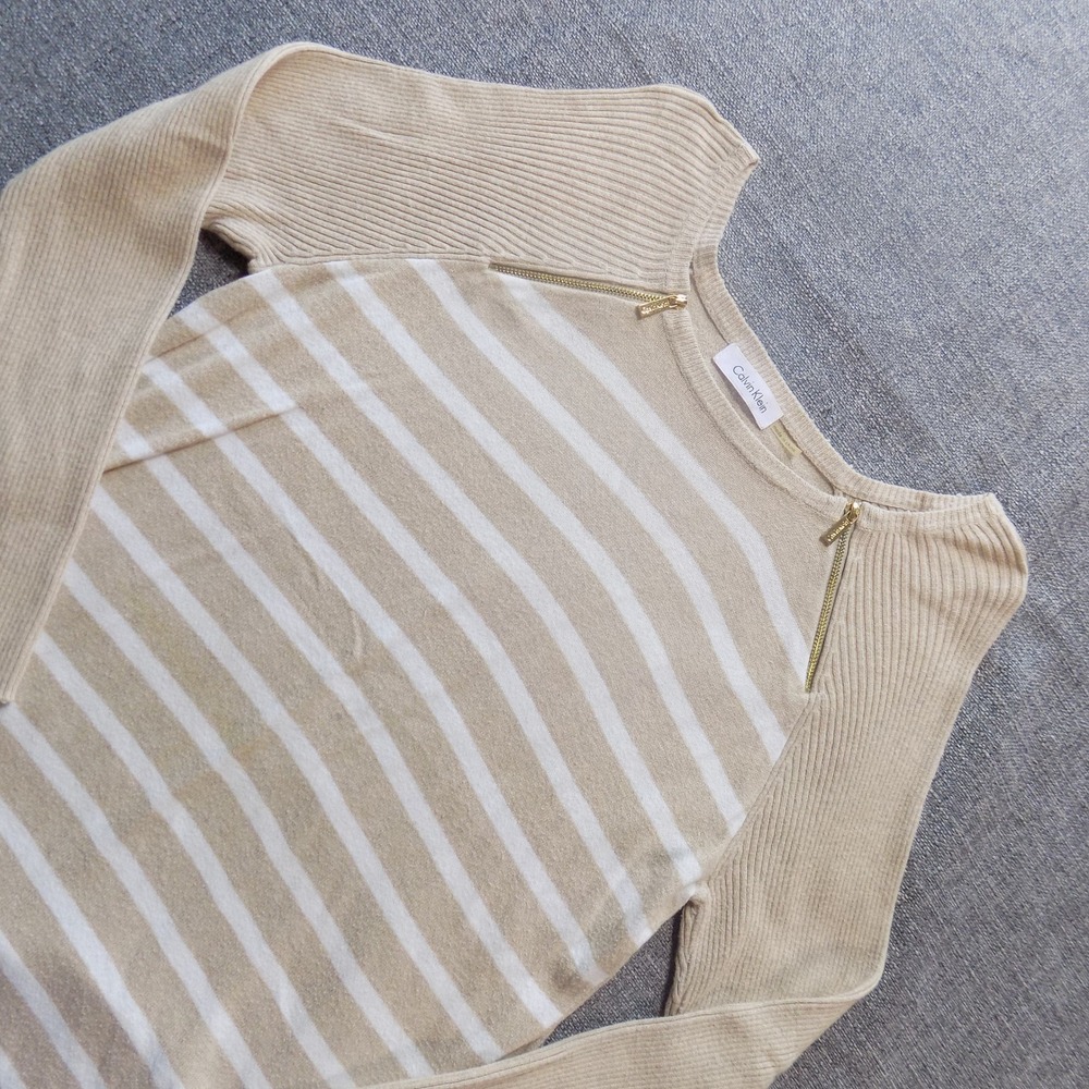 Calvin Klein Sweater Womens Medium Beige White Good Striped Zipper Shoulder